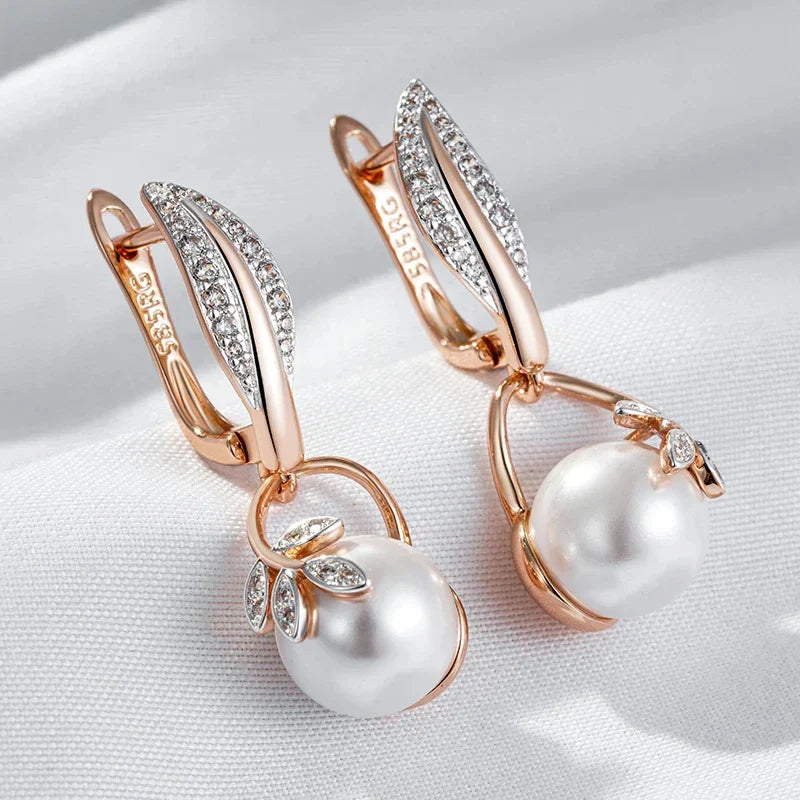 Luxury Pearl Women's Long Drop Earrings 585 Rose Gold Silver Color Ethnic Wedding Party Fine Zircon Jewelry Accessories