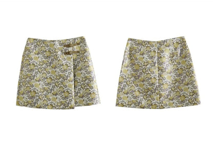 Women's Floral Mini Skirts 2026 Summer A-line Jacquard Irregular Chic Leather Buckle Short Skirt O21QB55108