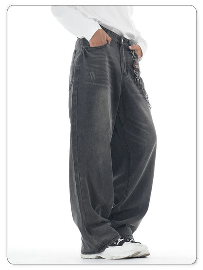 American Retro Washed Gray Baggy Straight Wide Leg Jeans Men's Business Casual Baggy Four Season Denim Pants Unisex Clothes