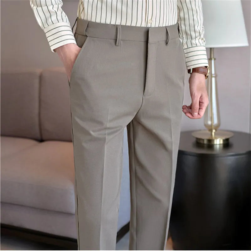 Spring Autumn Suit Pants Men Solid Color Fashion Slim Fit Smart Casual Suit Trousers Mens Elastic Waist Korean Full Length Pants