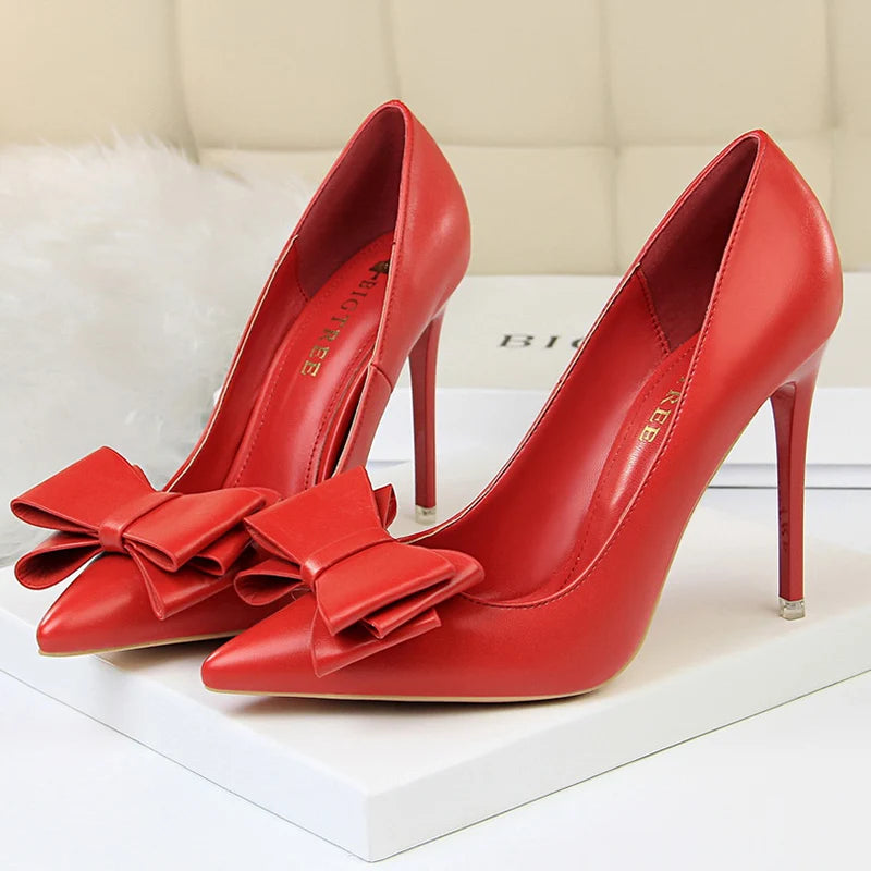 Female New Elegant 10.5cm High Heels Pumps Lady Sky Blue Butterfly Knot Design Princess Shoes Women Glam Pointed Toe Shoes