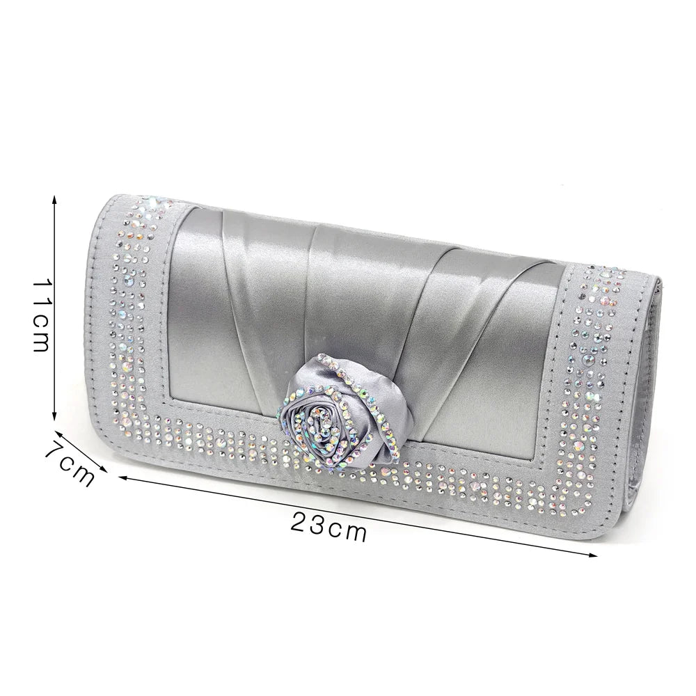 Newest Arrival Fashion Shoes Matching Bag Set in Rose Blossoms Decorated with Rhineston For Ladies Wedding Party