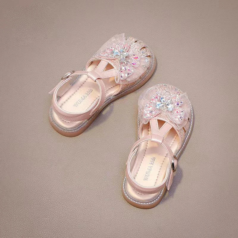 New Summer Children Crown Sandals Wedding Party Girls Bowknot Pearl Shoes Sweet Elegant Kids Causal Flat Sandals