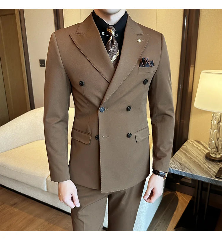 (Jackets+Pants) Luxury Double Breasted Design Slim Fit Suit High Quality Fashion Men's Wedding Social Suit Tuxedo 2 Piece Set