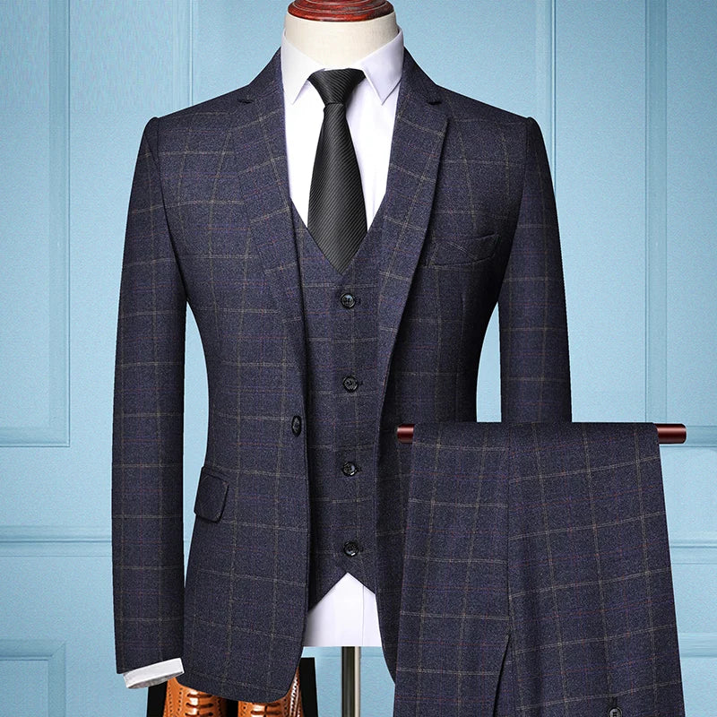 Blazer Vest Pants  Boutique Plaid Men's Formal Groom Wedding Dress Slim Suit 3Pcs or 2Pcs Men's Casual Business Suit Tuxedo