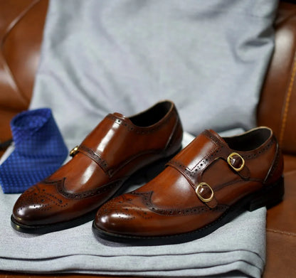 Classic Men Genuine Leather Dress Shoes Brogue Double Buckle Monk Strap Metal Buckle Business Office Wedding Formal Shoes