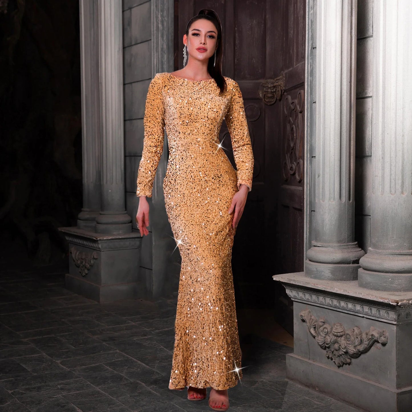 Romagic Women Modest Stretch Sequin O Neck Evening Prom Gown Party Long Dresses Full Sleeved Mermaid Formal Dinner Elegant Dress
