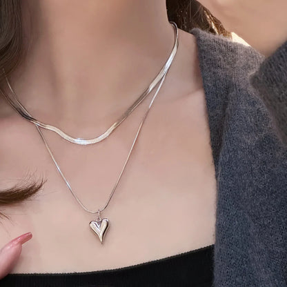 LATS Double Layered Love Heart Pendant Necklace for Women Silver Color Simple Neck Chain Choker Fashion Jewelry Birthday Gifts