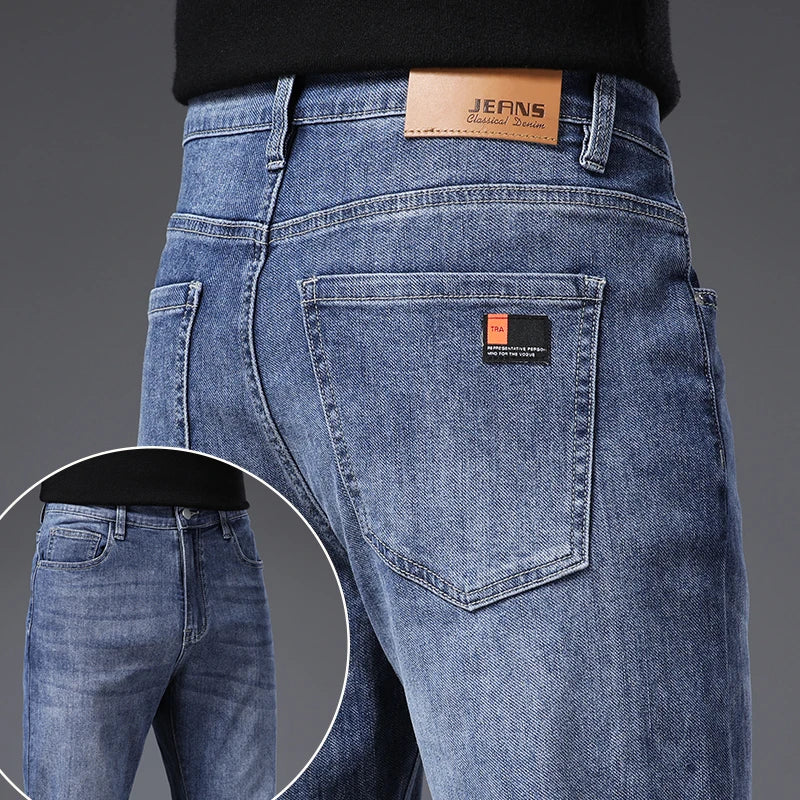 Calça Jeans Masculina Coreana Macia Elástica Slim Fit Negócios Casual Reta Jeans Clássica Marca Azul Lavado Cinza