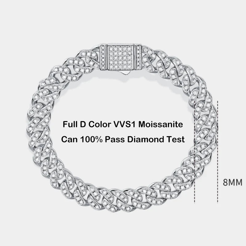 Sparkling Real Full Moissanite Cuban Chain Bracelet for Men Women 8mm S925 Sterling Silver Hip Hop Diamond Link Bracelets