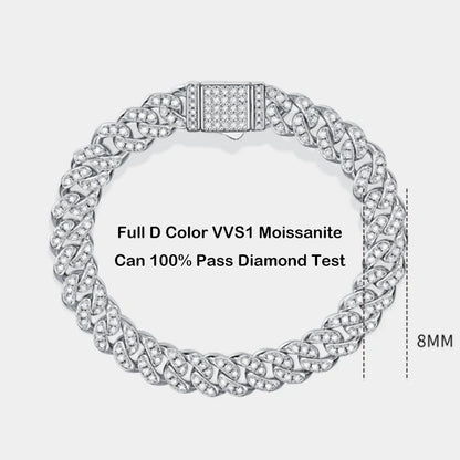 Sparkling Real Full Moissanite Cuban Chain Bracelet for Men Women 8mm S925 Sterling Silver Hip Hop Diamond Link Bracelets