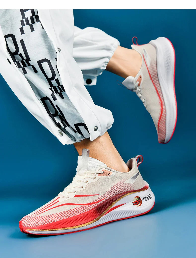 Sapatos de corrida esportivos casuais masculinos e femininos de moda com superfície de malha respirável, suporte de placa de carbono e sola de borracha resistente ao desgaste