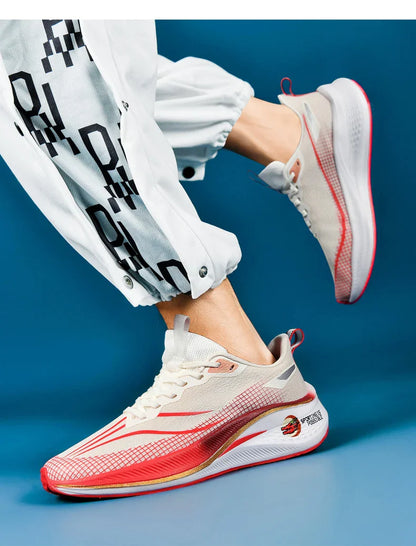 Sapatos de corrida esportivos casuais masculinos e femininos de moda com superfície de malha respirável, suporte de placa de carbono e sola de borracha resistente ao desgaste