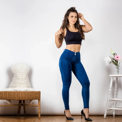 Mid Rise Super Stretch Skinny Jeans Mom Jeans Dark Blue Pull On Straight Leg Bum Lifting Jeggings Women