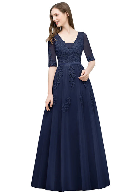 Elegant Half Sleeve Evening Dresses Lace Appliques A-Line Long Tulle Strap V-Neck Sheer Backless Prom Dress Empire Party Gowns