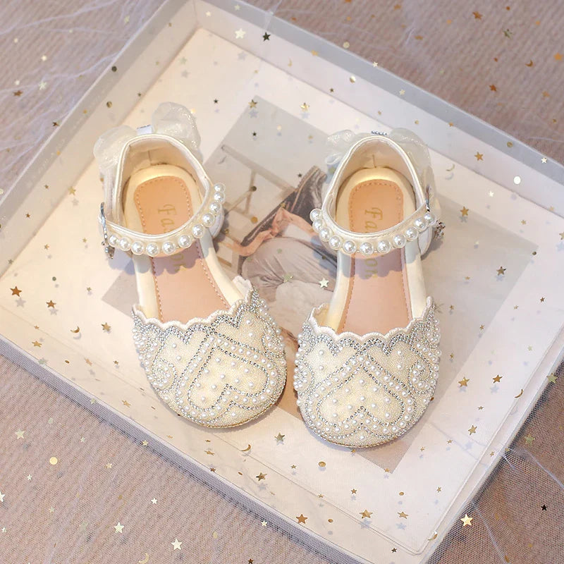2025Summer Girls Sandals With Heel Fashion Rhinestone Shiny Glitter Shoes Children Princess Bowtie Pearl Dancing Shoes