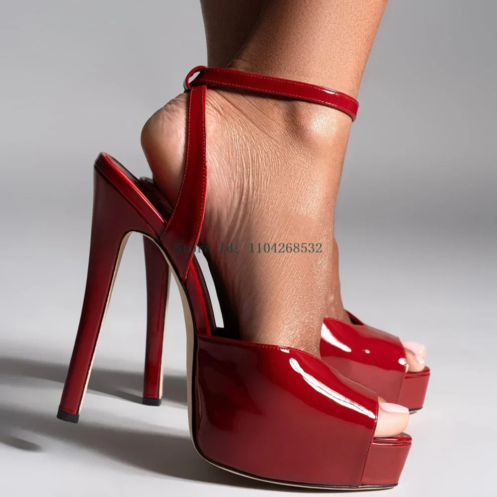 Red Patent Leather Platform High Heels  Stiletto Ankle Buckle Strap Solid New Arrivals Fashion Slingback Buckle Strap Shoes