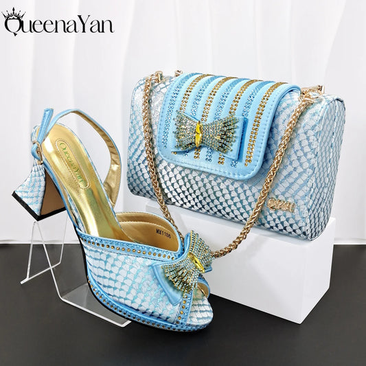 Sky Blue Color Party Peep Toe High Heels and Handbag  Set With Striped and Rhinestone Decoration Design