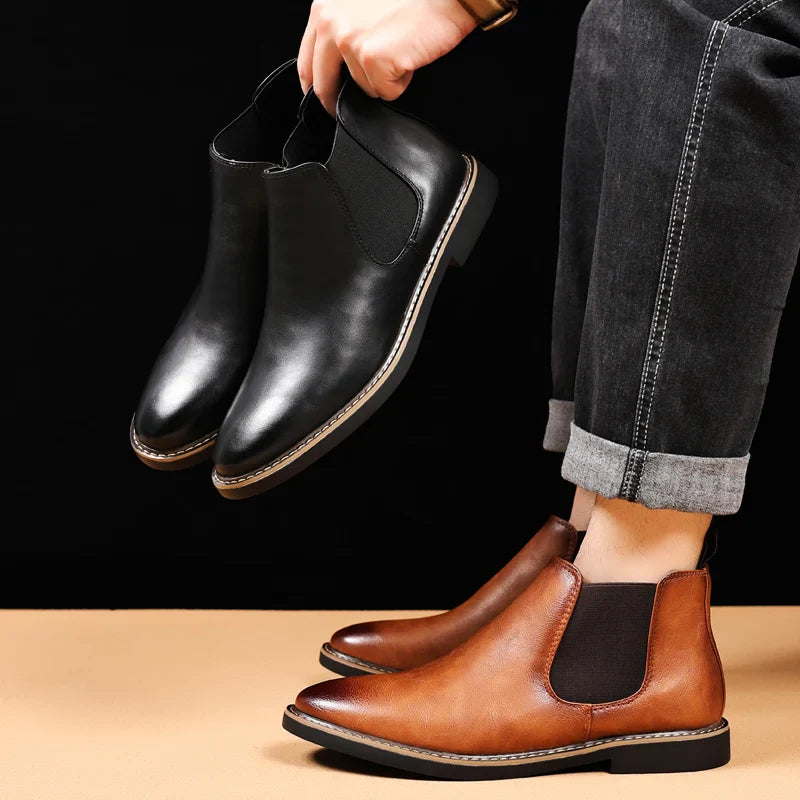 39~47 Men Chelsea Boots Brand Retro Comfortable PU Leather Ankle Boots Men 2025 Fashion Black Brown Mens Boots