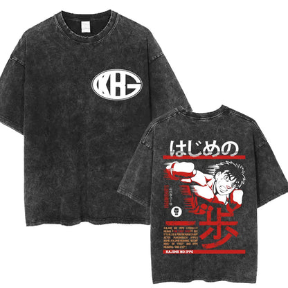 Anime Hajime No Ippo Washed Vintage T-shirt Kamogawa Boxing Gym Harajuku T-shirts Makunouchi Takamura KGB Loose Cotton T Shirt