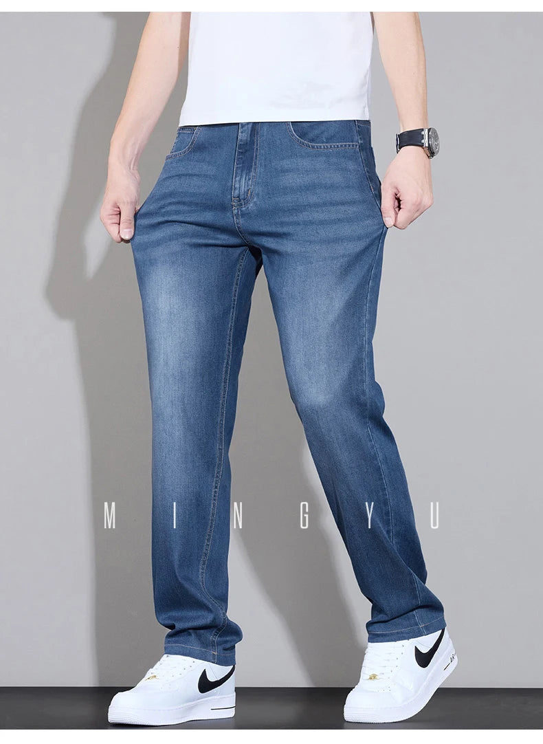 Spring Summer Brand Clothing Lyocell Fabric Men's Jeans Classic Business Straight Denim Pants Work Trousers Male Plus Size 29-40