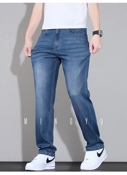 Spring Summer Brand Clothing Lyocell Fabric Men's Jeans Classic Business Straight Denim Pants Work Trousers Male Plus Size 29-40