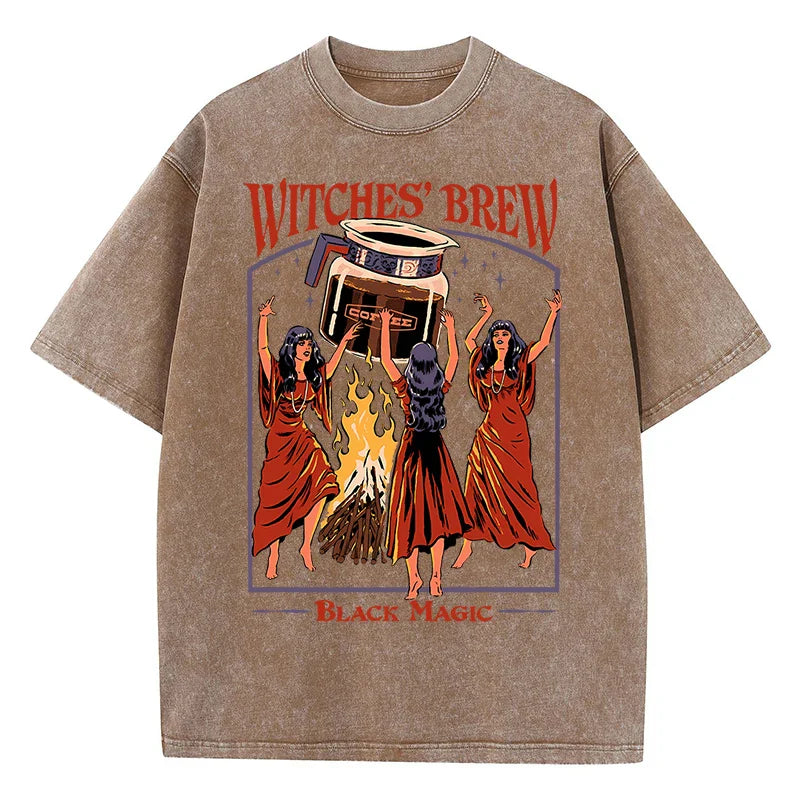 Witches Brew Coffee Black Magic Washed Retro Snow Mens T Shirt Summer Clothes Casual Tee Clothes T-Shirt Cotton Breathable Tops