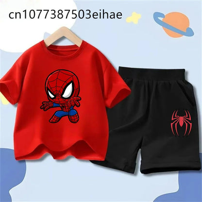 Spider-Man Trendy New Style Children Summer Outfit Cartoon Pattern Short Sleeve Tee Sports Shorts Loose Breathable Wear Gift