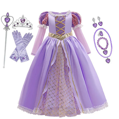 Girls Rapunzel Dress Kids Tangled Disguise Carnival Girl Princess Costume Birthday Party Gown Outfit Clothes 2-10 Years