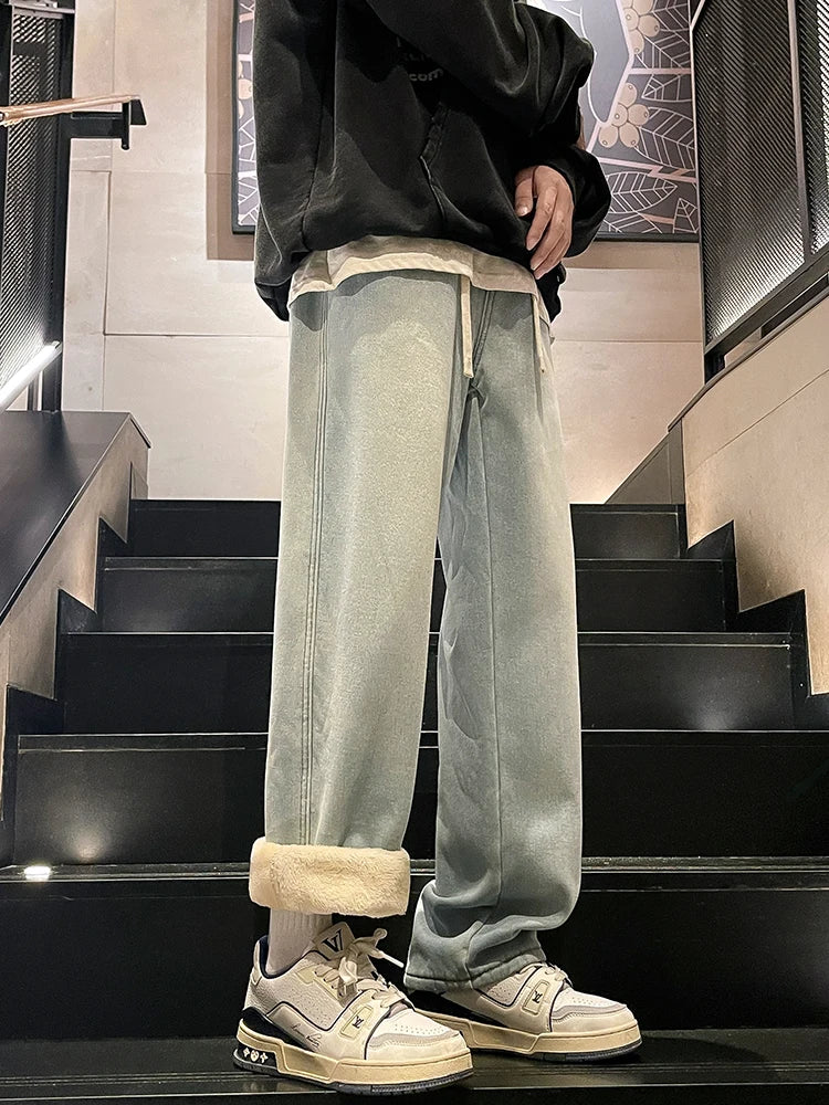 Calça Jeans Masculina de Inverno Coreana Forrada com Lã Grossa Quente Reta Denim Lavado Algodão Azul Retrô Larga Pantalona