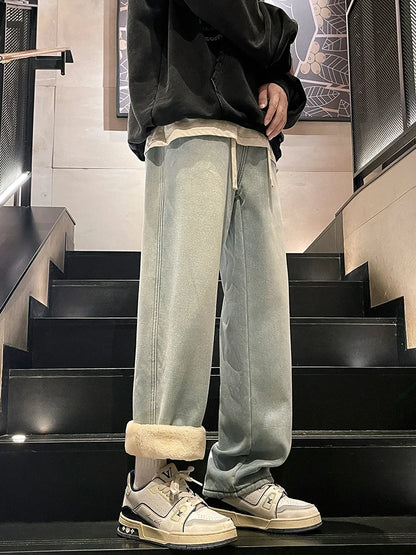Calça Jeans Masculina de Inverno Coreana Forrada com Lã Grossa Quente Reta Denim Lavado Algodão Azul Retrô Larga Pantalona