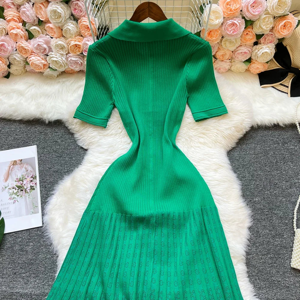 Fashion Vintage Turn-down Collar Knit Maxi Dress Elegant Single-breasted A-line Long Shirt Dress Lady Vestidos