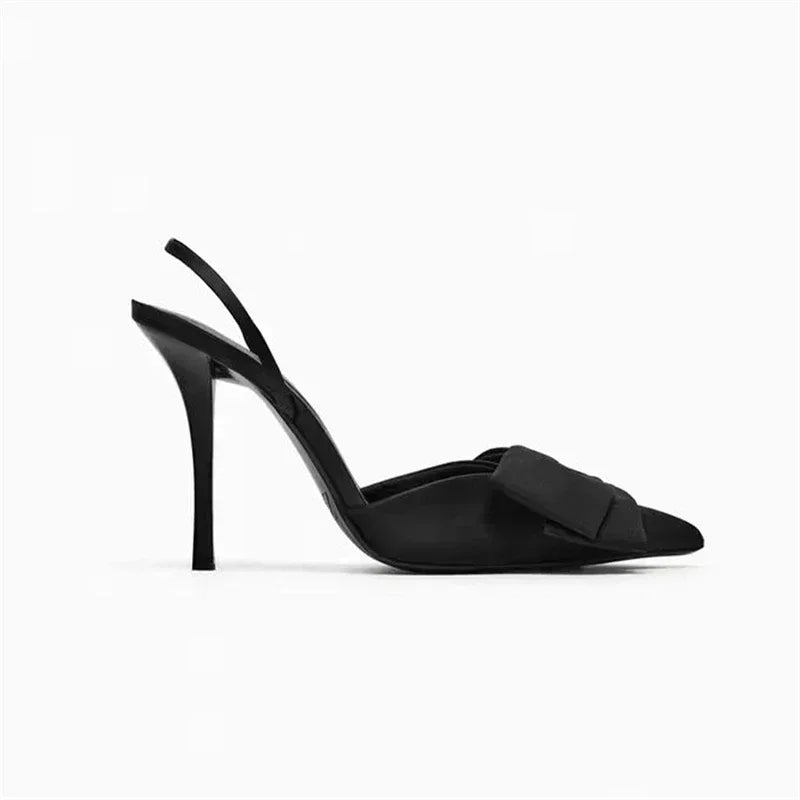 Luxury Silver High Heeled Sandals Women Sexy Pointed Toe Back Strap Thin Heels for Women Elegant Bow Design Banquet Dress Shoes