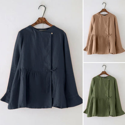 2024 Fashion Vintage Women Long Flare Sleeve Blouse Spring Cotton Shirt Casual Work Blusas Mujer Solid Lace Up Tops Tunic