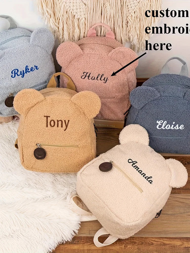 Cute Bear Plush Backpack Embroidered Name Autumn Winter Kids Outdoor Shoulder Bags Custom Personalized Children's Gift Bags