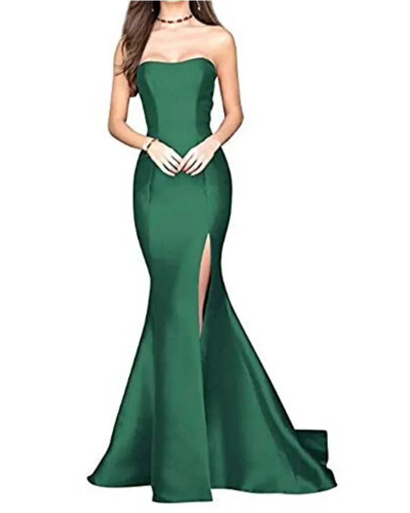 Women's Sleeveless Mermaid High Slit Backless Long Prom Gowns Strapless Floor Length Satin Evening Maxi Dresses