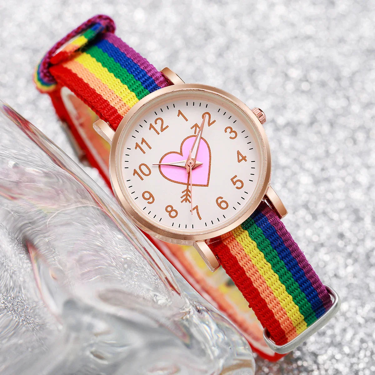 4PCS/Set Fashion Heart Dial Women's Watch Nylon Band Quartz Watch Rainbow Beads Bracelets Set