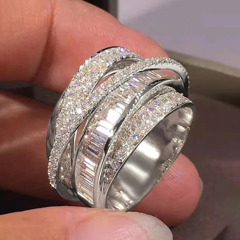 Gold Color Rings Gorgeous Women Wedding Accessories Full Sparkling Cubic Zirconia Party Luxury Trendy Jewelry