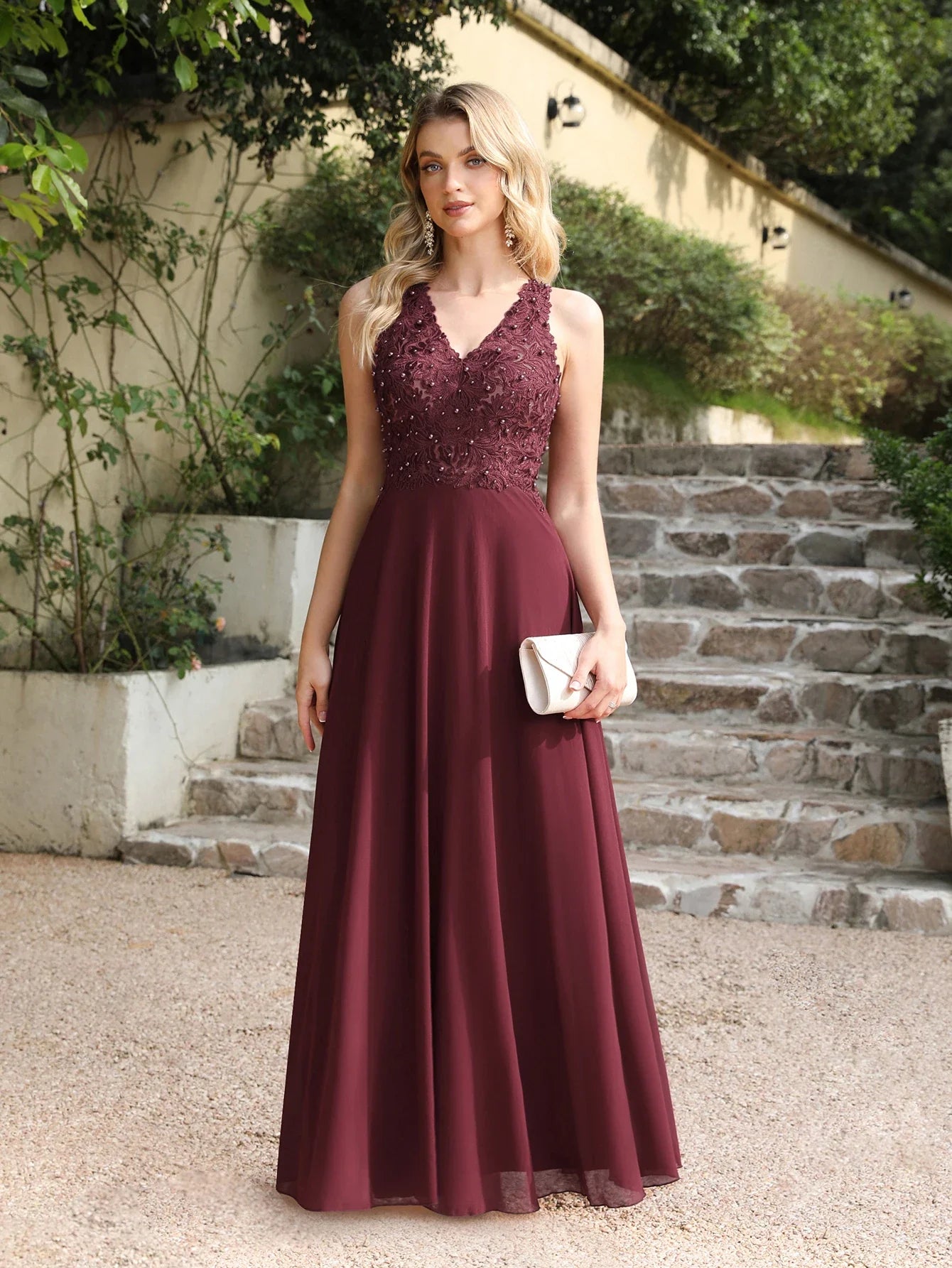 Dusty Pink Halter V-neck Lace Pearls Wedding Evening Dresses Long Dress Hollow Out Chiffon Elegant Party Dresses For Women 2024