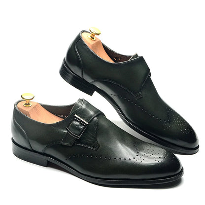 Elegant Men's Monk Strap Dress Shoes Genuine Leather Single Buckle Green Black Loafer Brogue for Party Wedding Formal Occasions