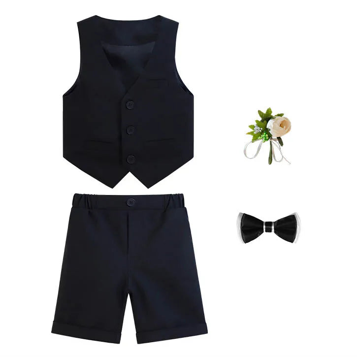 Children Boy Summer Cool Green Suit Kids Boys Vest Shirt Shorts Bowtie Ceremony Costume Formal Boys Breathable Slim Wedding Suit