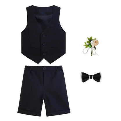 Children Boy Summer Cool Green Suit Kids Boys Vest Shirt Shorts Bowtie Ceremony Costume Formal Boys Breathable Slim Wedding Suit