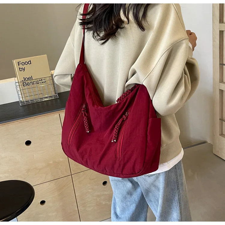 Summer Women Solid Color Shoulder Bag Fashion Lightweight Versatile Travel Crossbody Bag Commuter Nylon Large Capacity Hobo Bag