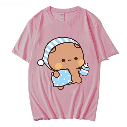 Couple Tshirt Cute BuBu Panda Going To Sleep with DuDu Bear Graphic Tshirt Women Clothes Sleeve Tops Women's Clothing