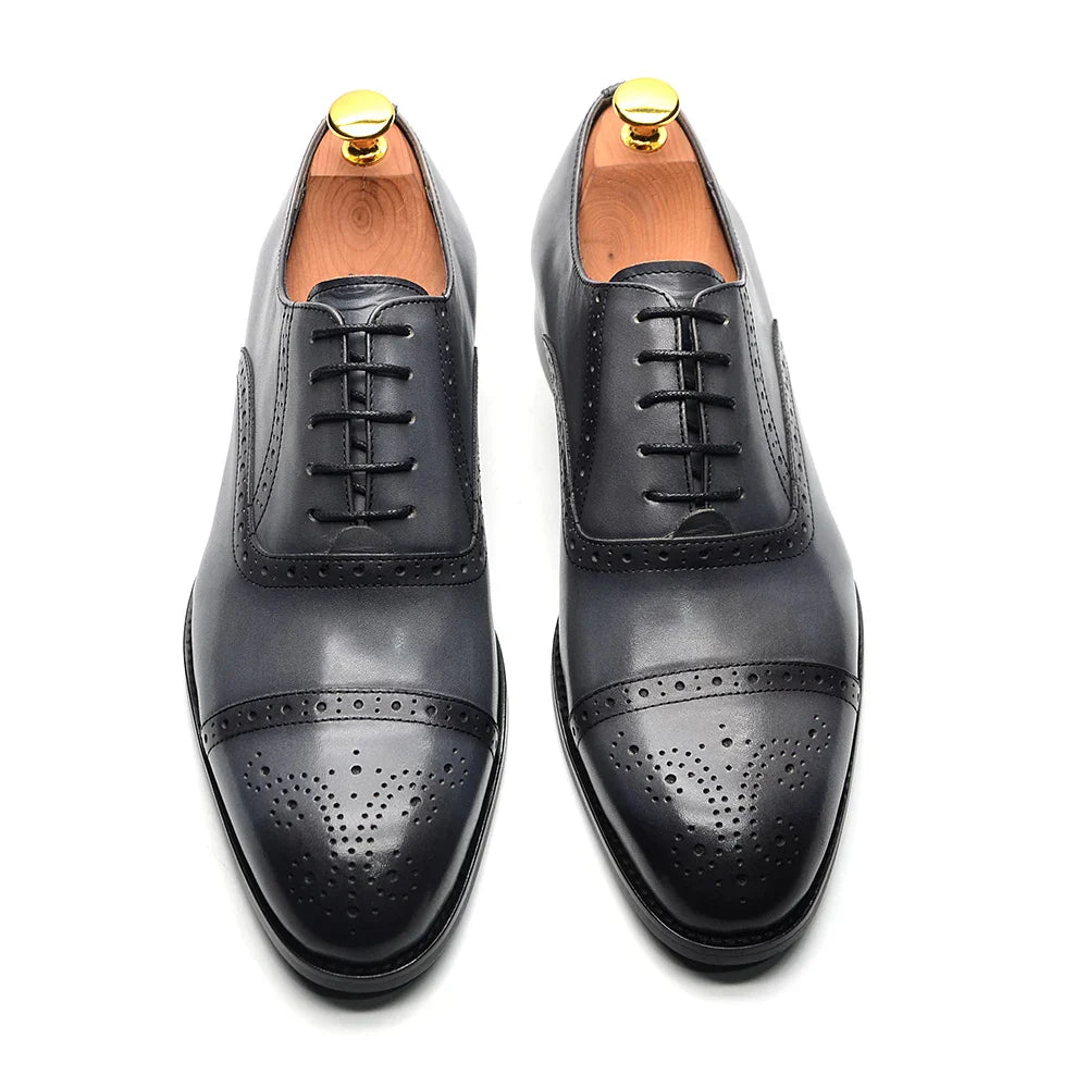 Italian Mens Dress Shoes Genuine Leather Cap Toe Oxfords Lace-up Black Brown Wedding Business Office Brogue Formal Shoes for Men