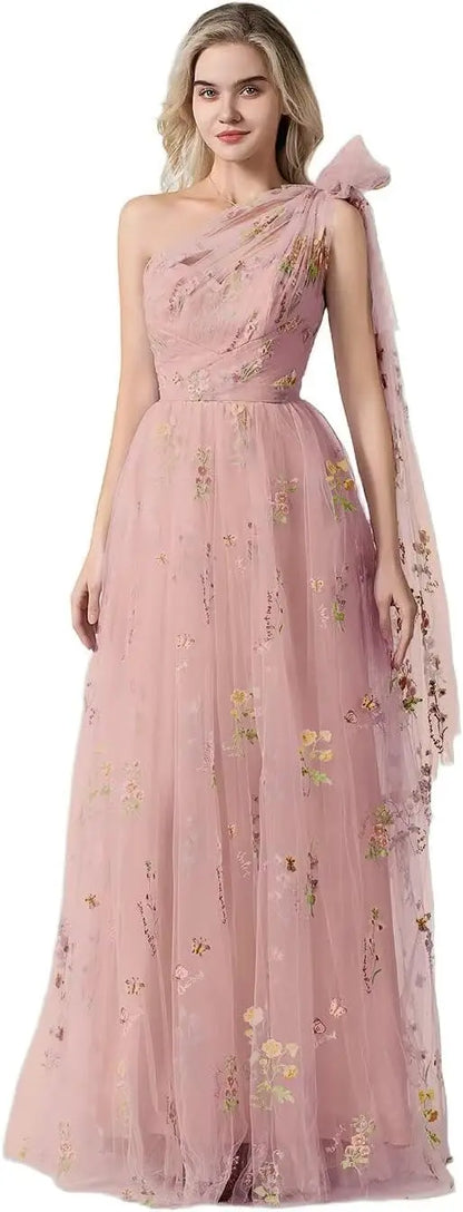 Vestido Longo de Formatura Feminino Elegante de Um Ombro Só com Bordado Floral em Tule, Modelo Godê para Festas de Gala