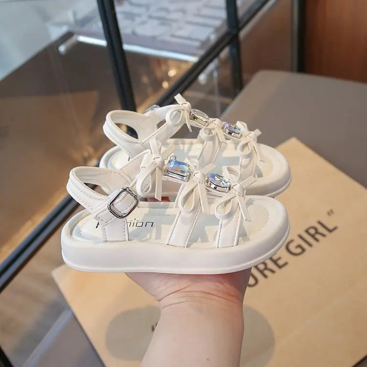Summer Kids Fashion Hollow-out Roman Sandals Student Water Diamond Bow Sandals Sweet Bowknot Comfortable Elegant Girls Shoes
