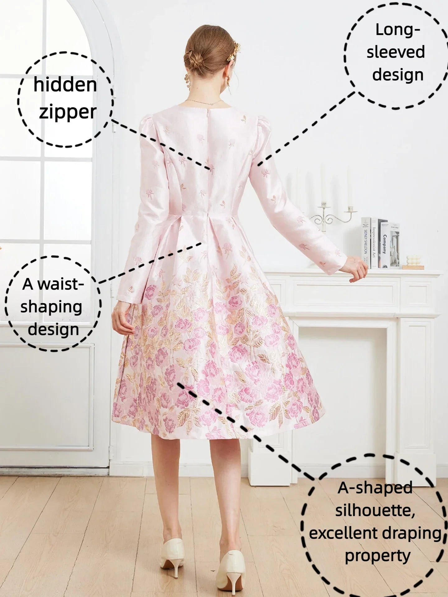 Fall/Winter Elegant French-style Romantic Pink Heavy Embroidery V-Neck Long-Sleeve Party Banquet Dress wedding guest dress