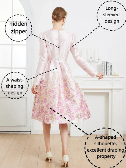 Fall/Winter Elegant French-style Romantic Pink Heavy Embroidery V-Neck Long-Sleeve Party Banquet Dress wedding guest dress