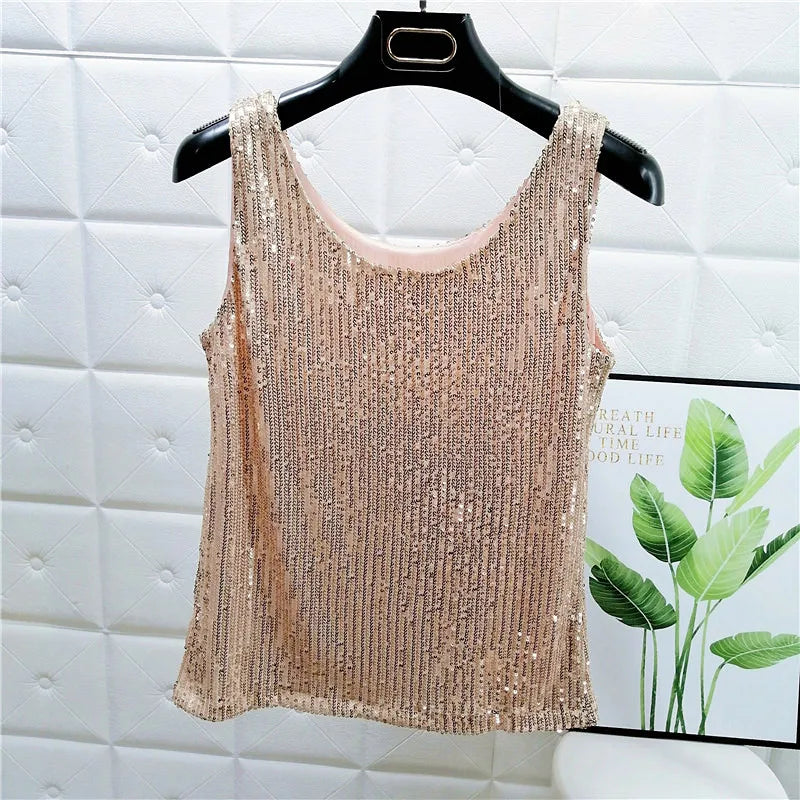 Sparkling Sequins Round Neck Vest Women's Outer Wear 2022 Summer New Bright Silk Fashion Glitter Bottoming Shirt Suspender Top